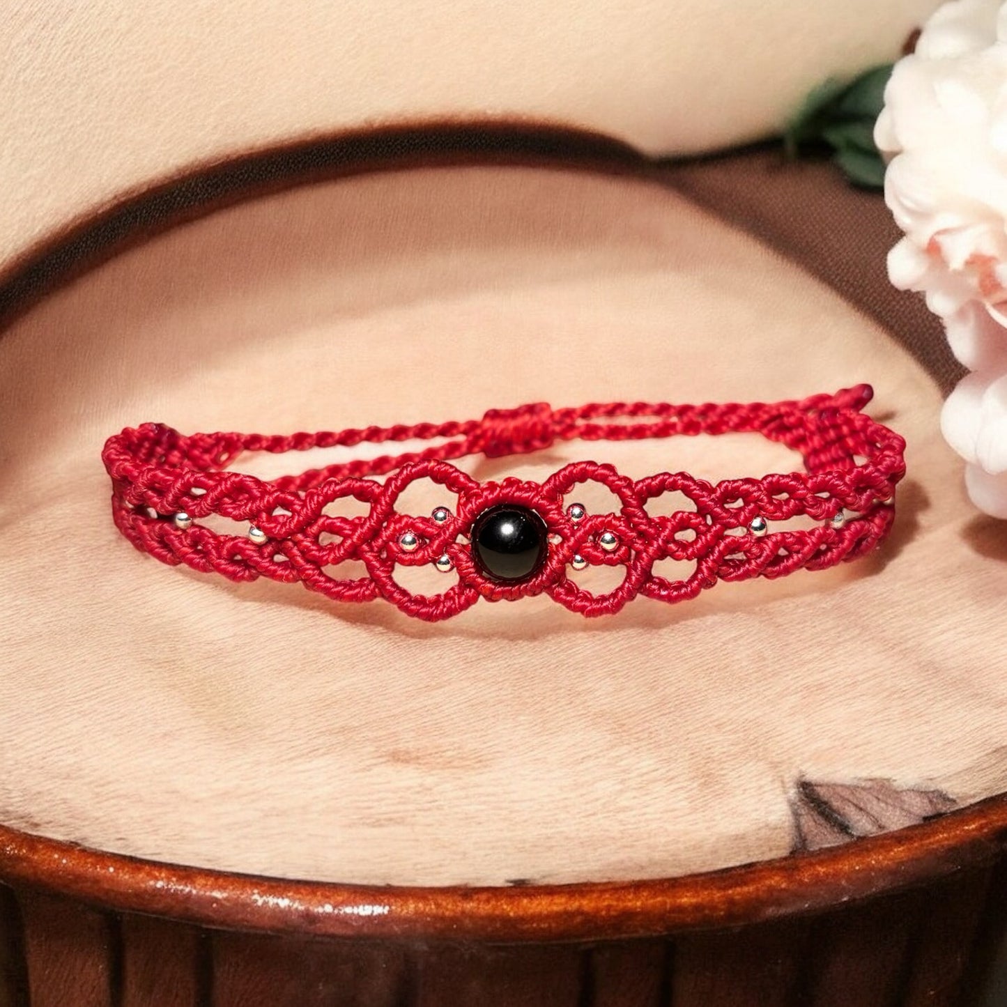Red Macrame Bracelet with Black Bead Accent