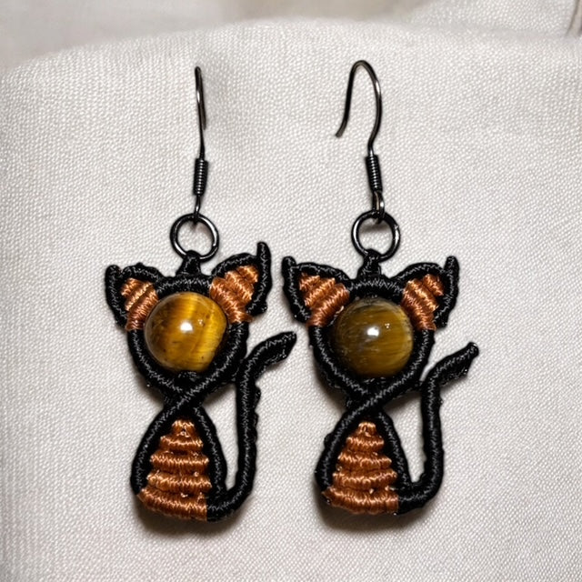 Macrame Cat Earrings with Tiger's Eye Gemstone