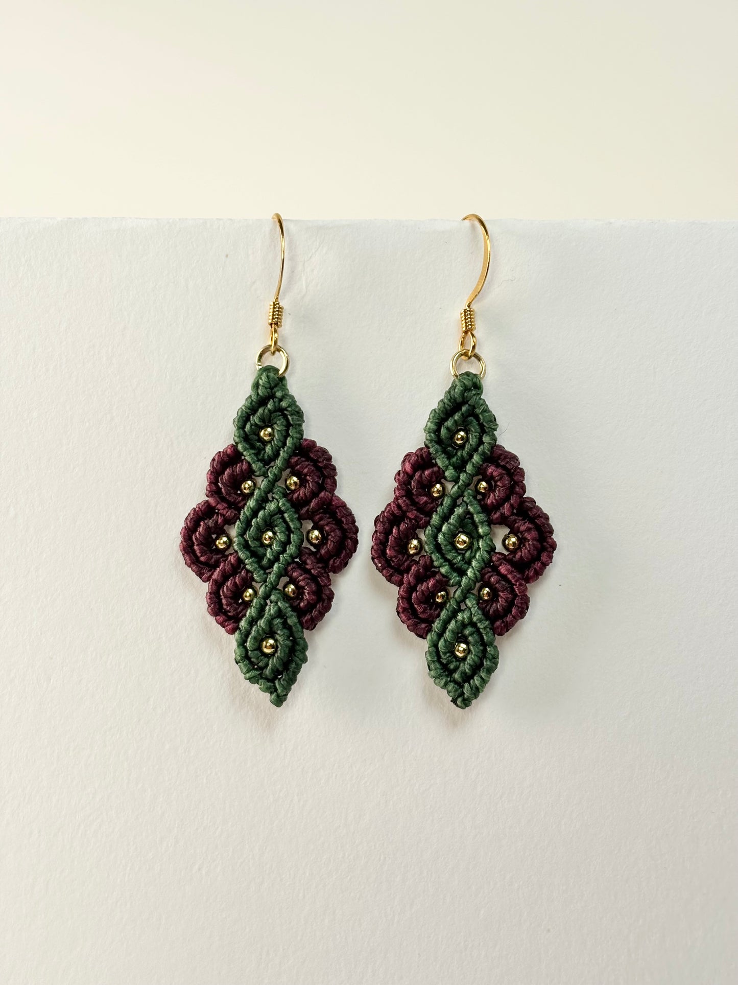 Burgundy & Green Diamond Macramé Earrings