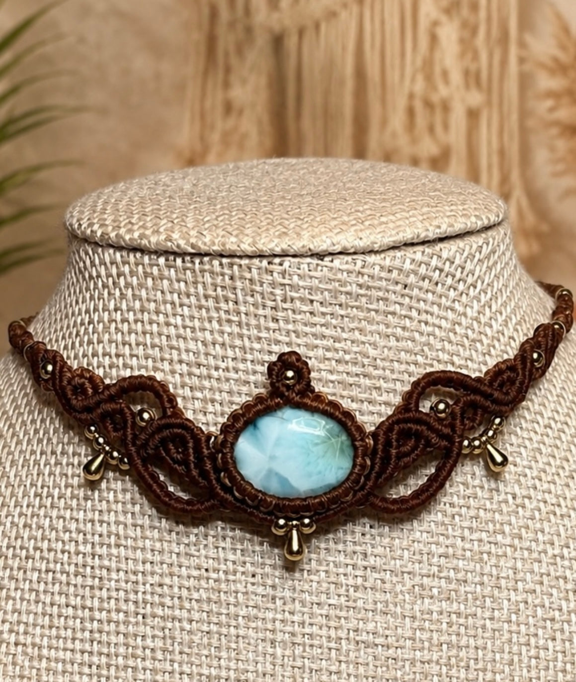 Moonlit Shore
Handcrafted Larimar Micro-Macramé Choker with Gold Filled Accents