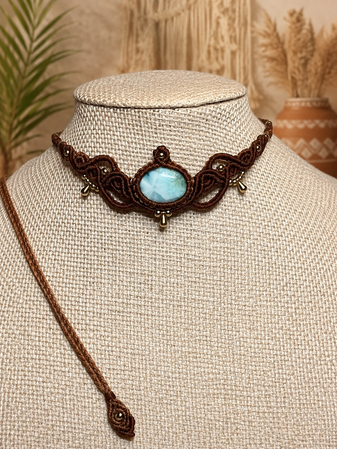 Moonlit Shore
Handcrafted Larimar Micro-Macramé Choker with Gold Filled Accents