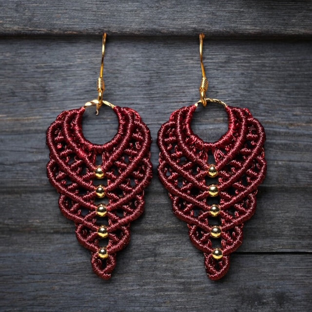 Burgundy Macrame Layered Earrings