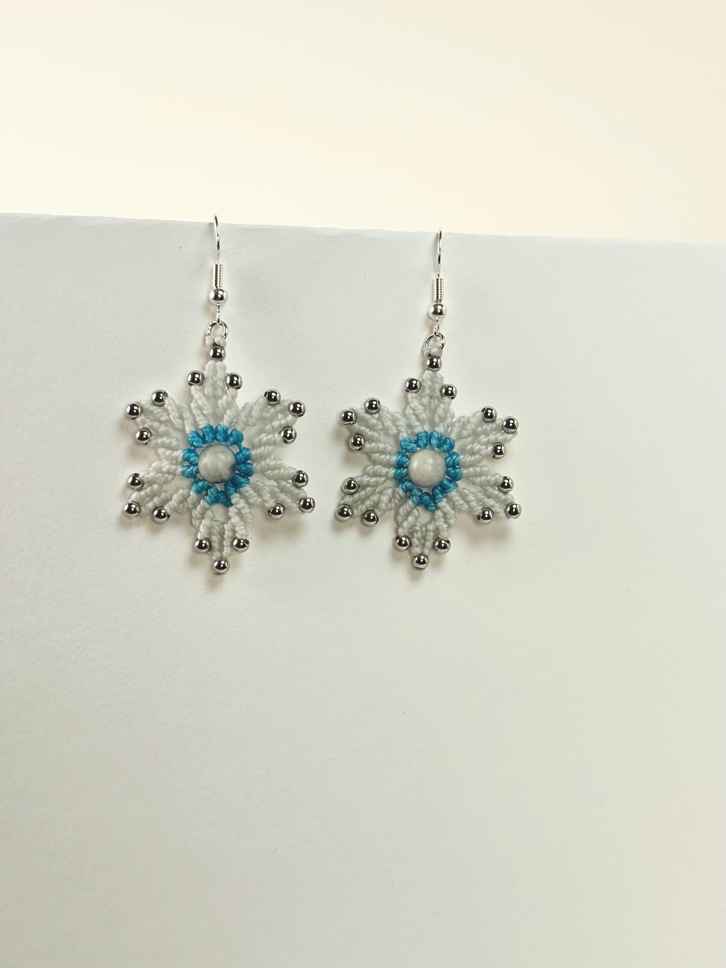 Macramé Snowflake Earrings – Winter White, Silver & Blue