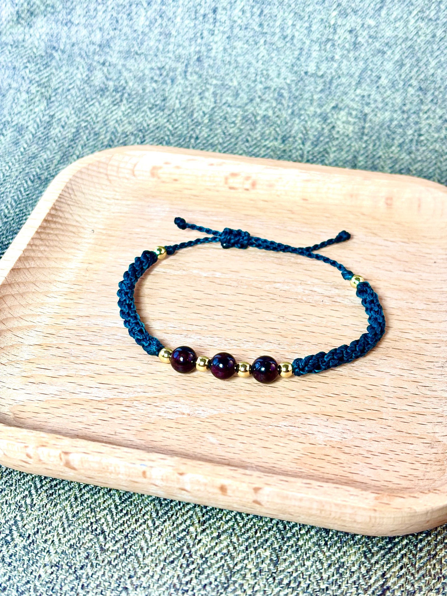 Garnet & Gold Macramé Bracelet – Adjustable Handwoven Jewelry